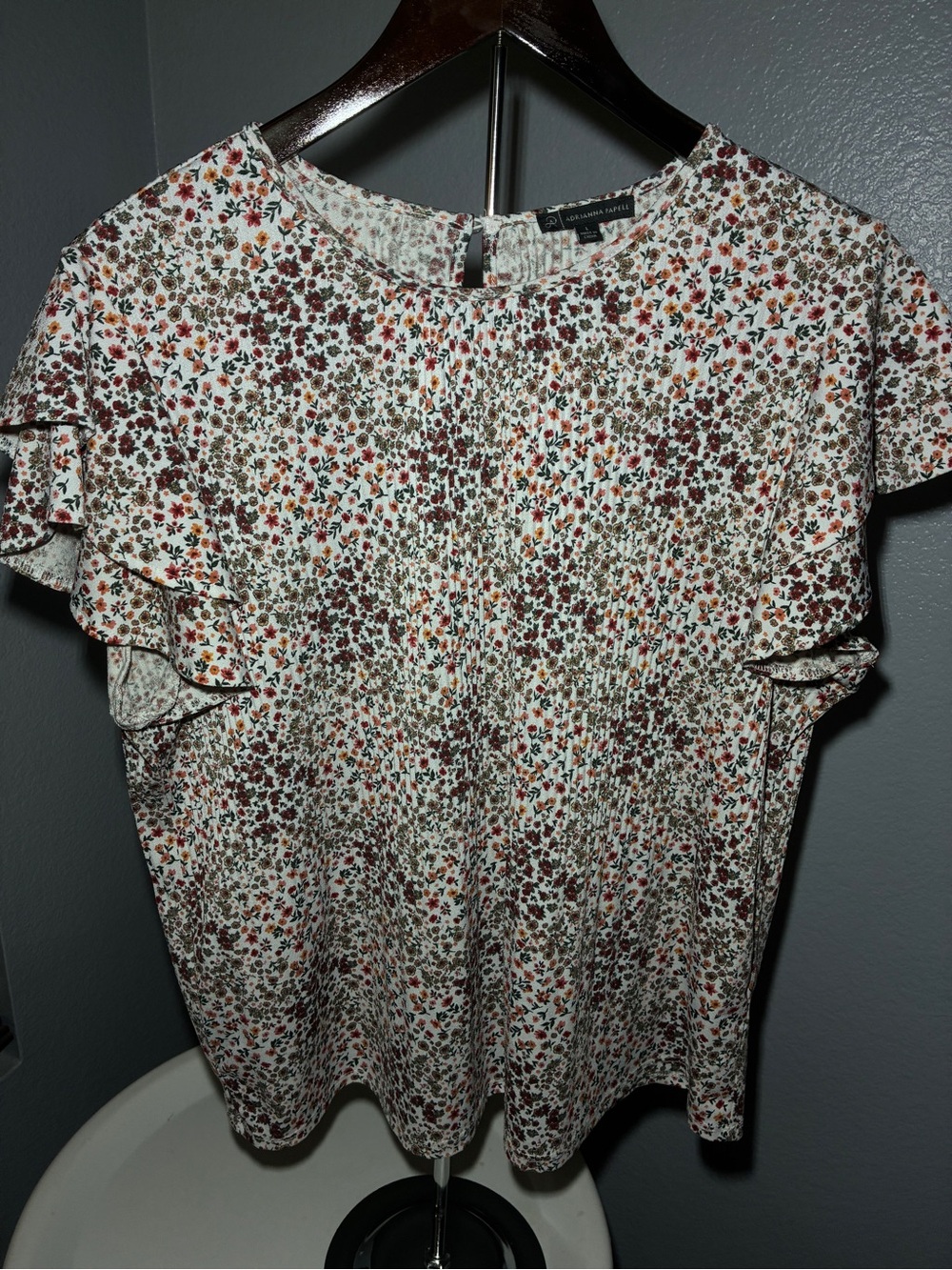 Adrianna Papell Floral Ruffle Sleeve Blouse - White with Burgundy and Rust